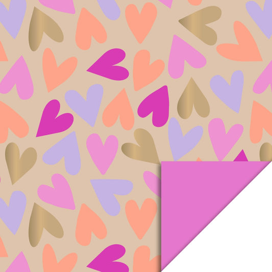 Cadeaupapier big hearts gold/pink 70cm